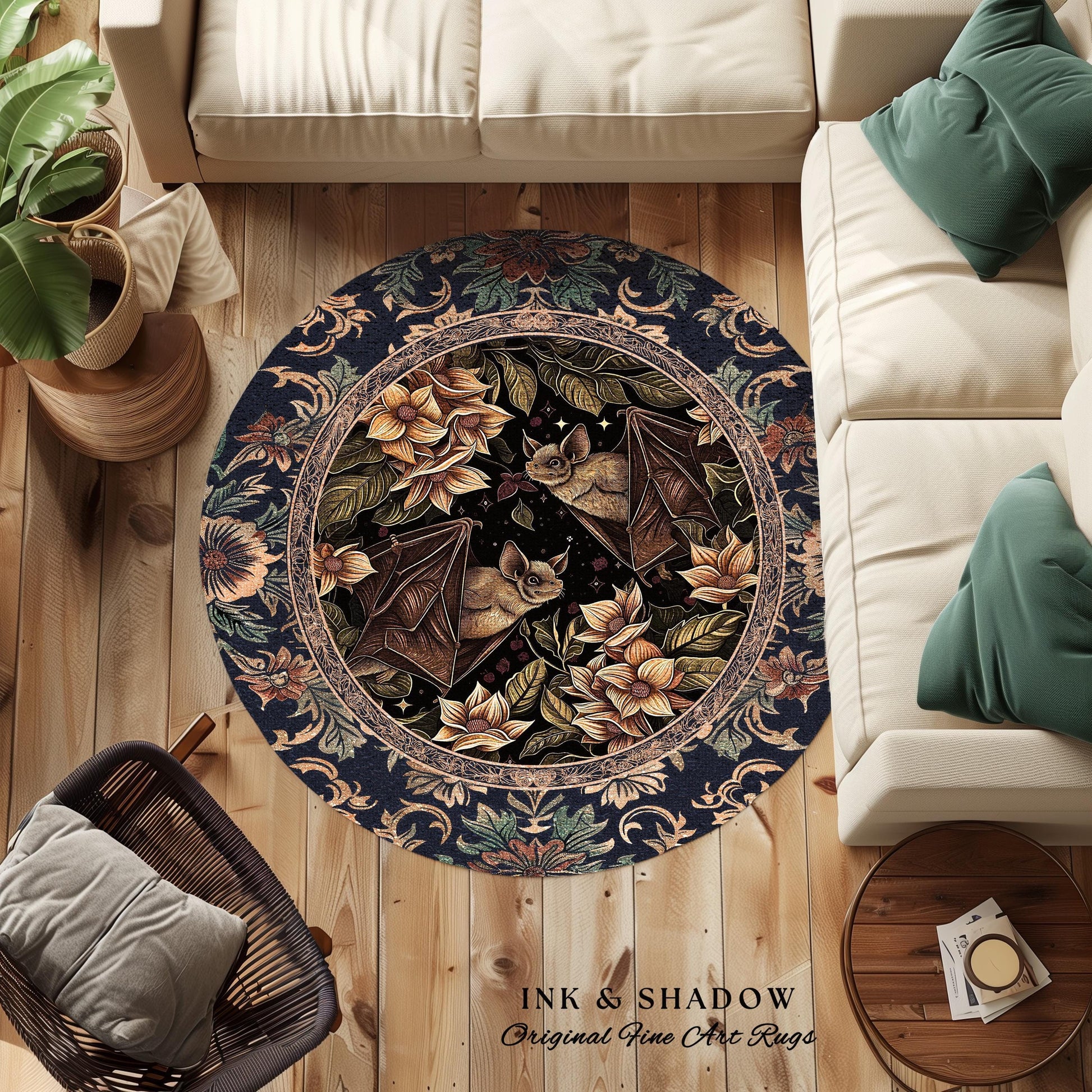 Dark Academia Mystic Bat Rug Woodland Gothic Victorian Decor | Enchanted Forest Bat Lover Nature Rug Celestial Boho Floral Cottagecore Decor