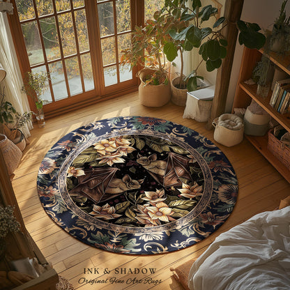 Dark Academia Mystic Bat Rug Woodland Gothic Victorian Decor | Enchanted Forest Bat Lover Nature Rug Celestial Boho Floral Cottagecore Decor