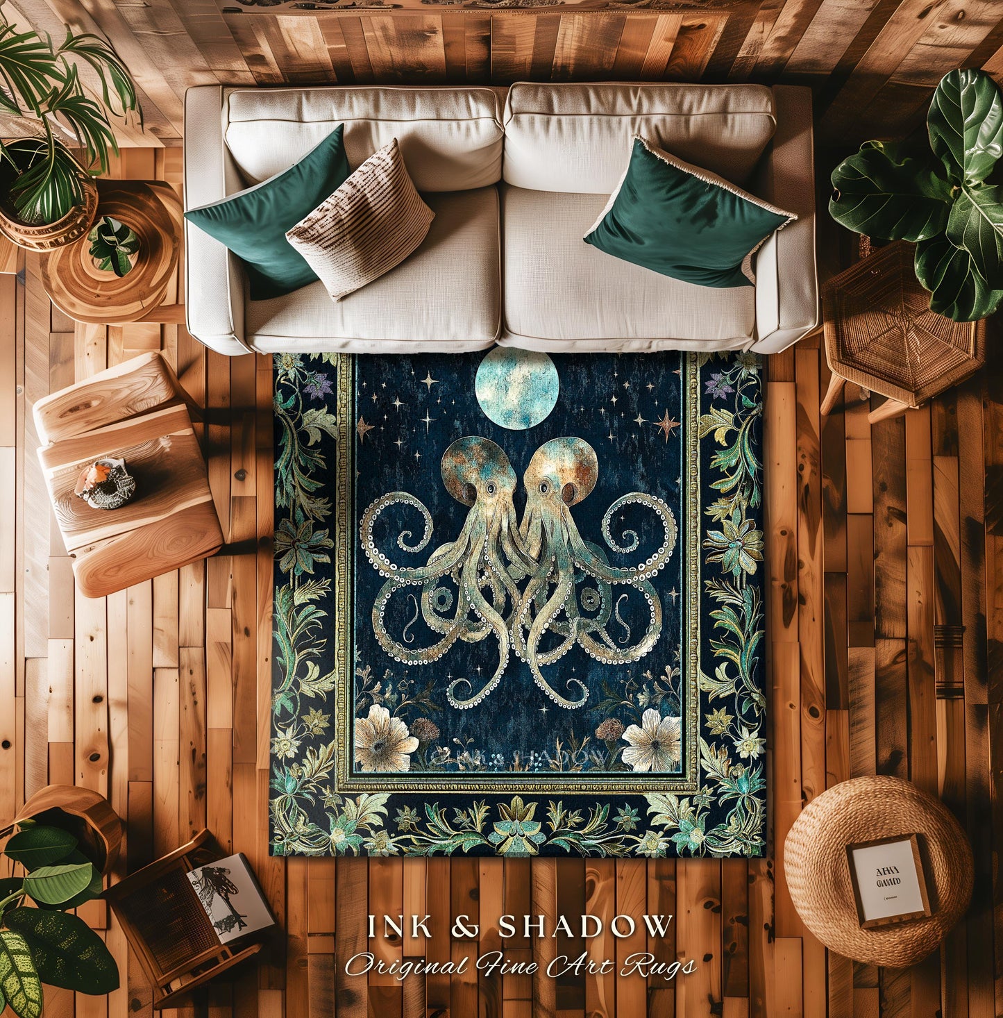 May include: A dark blue rug with a floral border and a central design of two golden octopuses with their tentacles intertwined. The octopuses are silhouetted against a starry night sky with a large, pale blue moon. The rug has the words 'Ink & Shadow Original Fine Art Rugs' at the bottom.