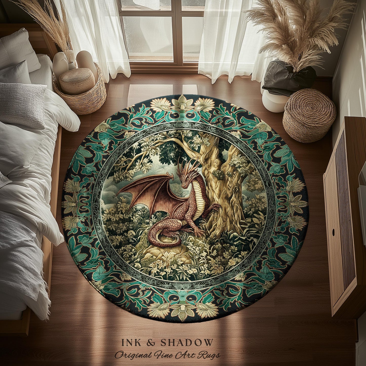 Moody Mythological Dragon Floor Rug | Whimsical Bedroom Dark Medieval Dragon Area Rug Enchanted Gloomy Ethereal Goblincore Style Bedroom |
