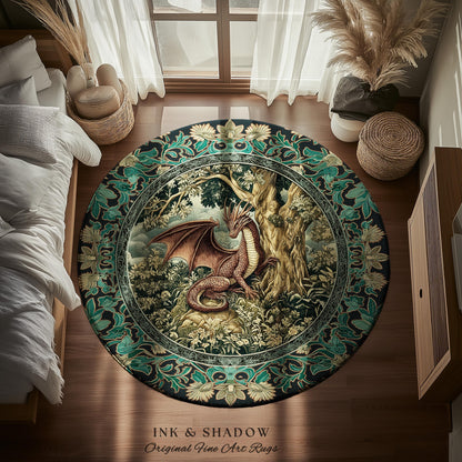 Moody Mythological Dragon Floor Rug | Whimsical Bedroom Dark Medieval Dragon Area Rug Enchanted Gloomy Ethereal Goblincore Style Bedroom |