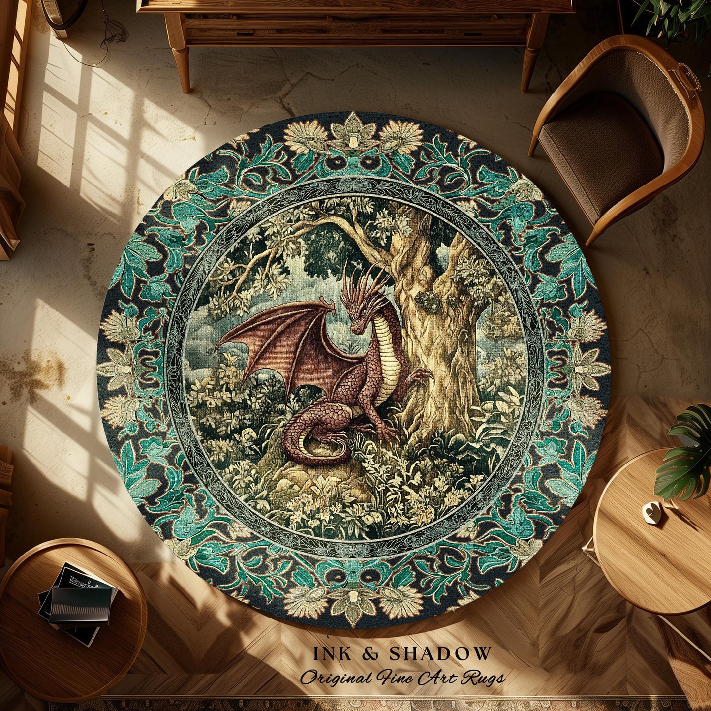 Moody Mythological Dragon Floor Rug | Whimsical Bedroom Dark Medieval Dragon Area Rug Enchanted Gloomy Ethereal Goblincore Style Bedroom |