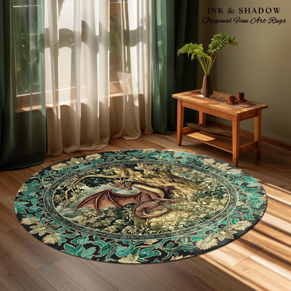 Moody Mythological Dragon Floor Rug | Whimsical Bedroom Dark Medieval Dragon Area Rug Enchanted Gloomy Ethereal Goblincore Style Bedroom |
