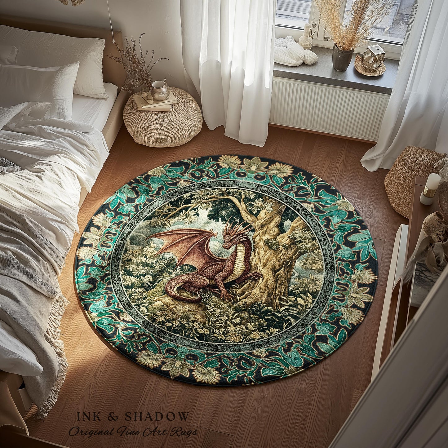 Moody Mythological Dragon Floor Rug | Whimsical Bedroom Dark Medieval Dragon Area Rug Enchanted Gloomy Ethereal Goblincore Style Bedroom |