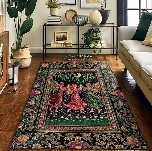 May include: A rectangular area rug with a black border featuring floral and foliate designs. The center depicts three figures dancing under a crescent moon. The rug has the text "INK & SHADOW Original Fine Art Rugs".