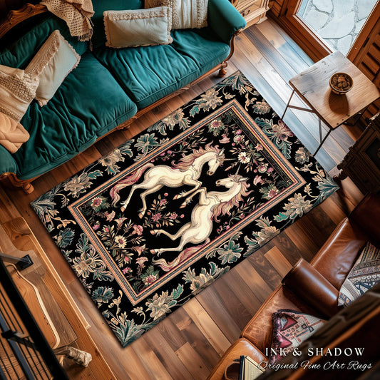 Rustic Folklore Mystical Unicorn Area Rug | Whimsical Purple Accent Bedroom Decor Magic Cottagecore Fairycore Magical Creature Dark Floral