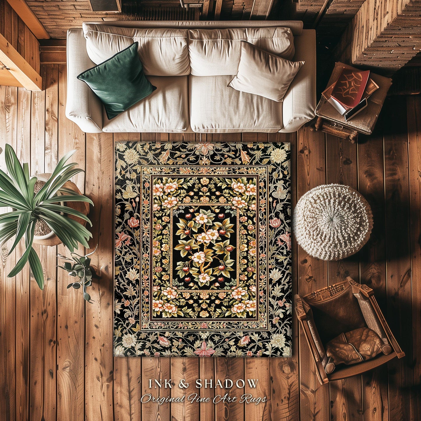 Maximalist Cherry Blossom Area Rug | Moody Gothic Garden Decor Romantic Floral Fruit Accent Victorian Style Botanical Interior Home Design