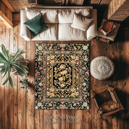 Maximalist Cherry Blossom Area Rug | Moody Gothic Garden Decor Romantic Floral Fruit Accent Victorian Style Botanical Interior Home Design