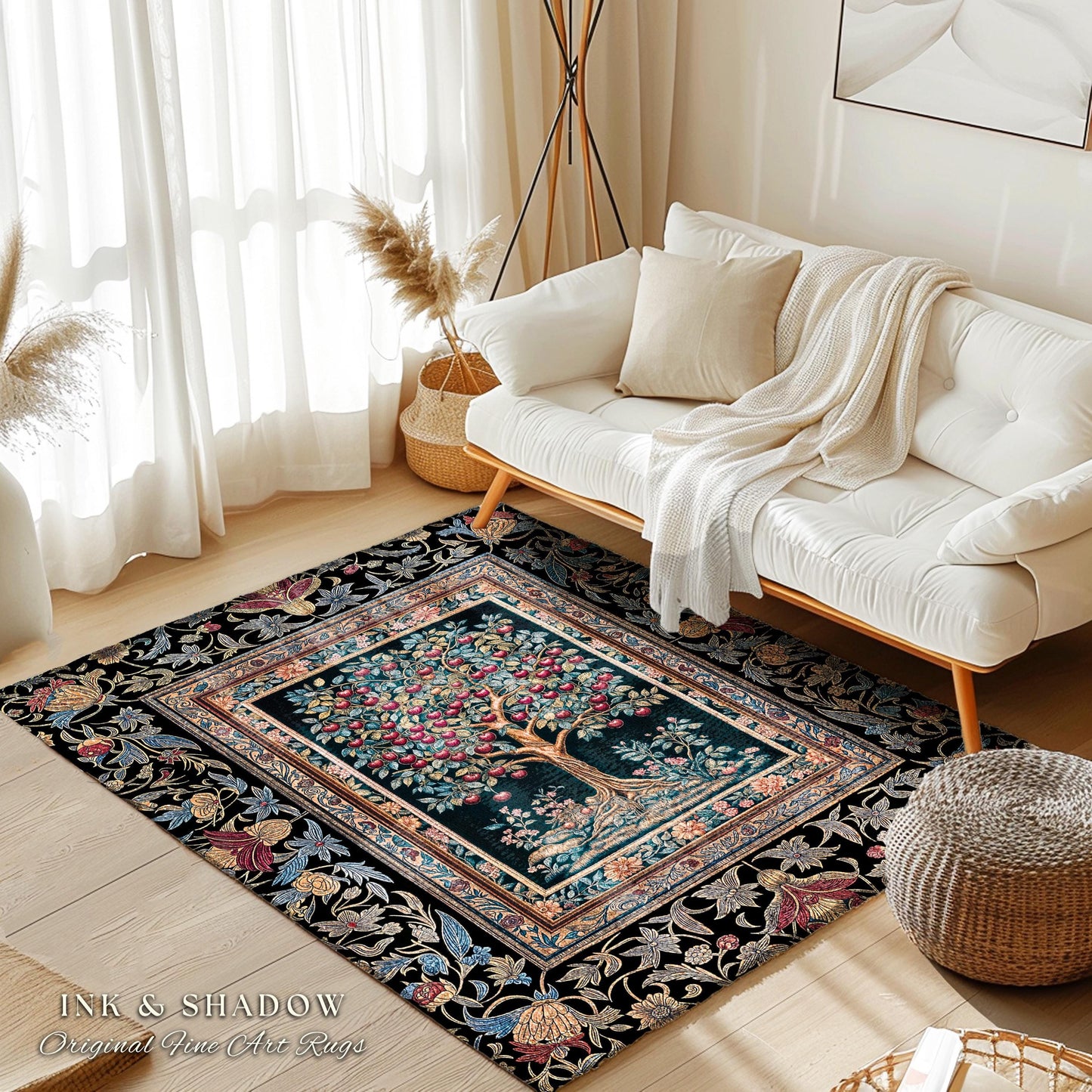 Medieval Cherry Tree of Life Area Rug | Baroque Botanical Pattern Romantic Gothic Style Vintage Garden Fruit Accent Maximalist Home Decor