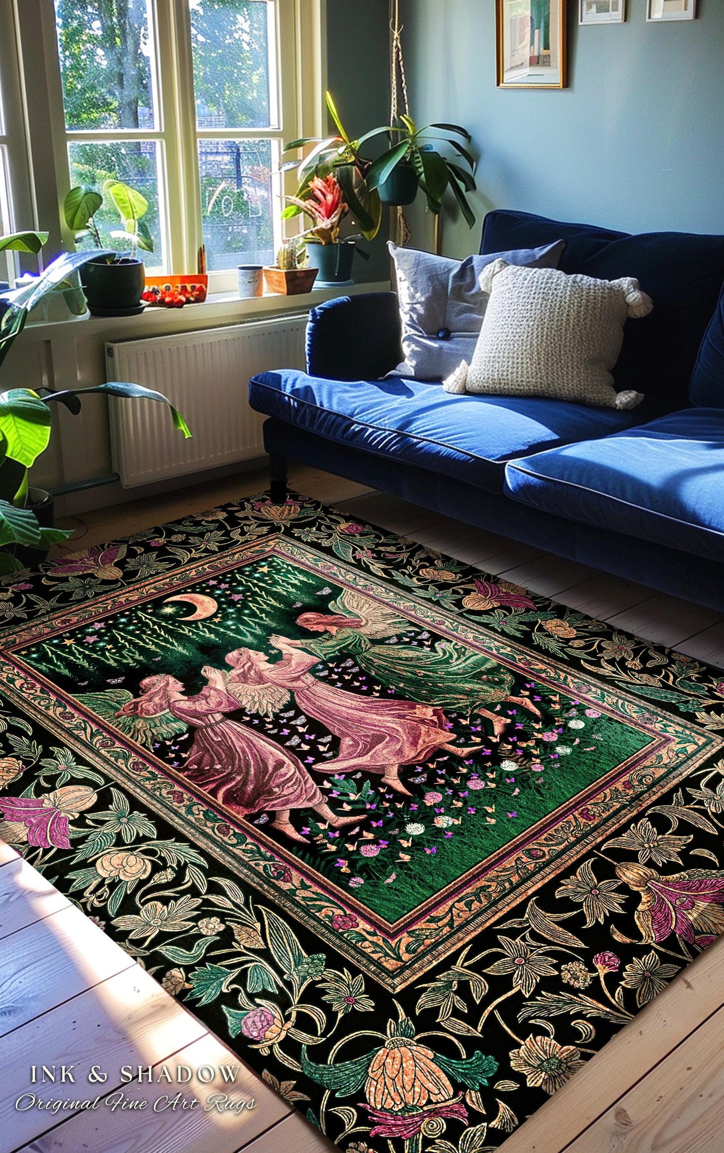 Moonlit Forest Nymph Area Rug | Medieval Elegance Woodland Fairycore Dark Academia Bedroom Accent Midsummer Aesthetic Scandi Folklore Style