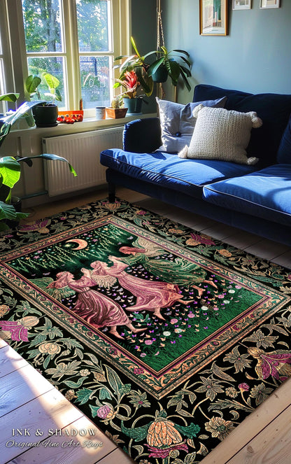 Moonlit Forest Nymph Area Rug | Medieval Elegance Woodland Fairycore Dark Academia Bedroom Accent Midsummer Aesthetic Scandi Folklore Style