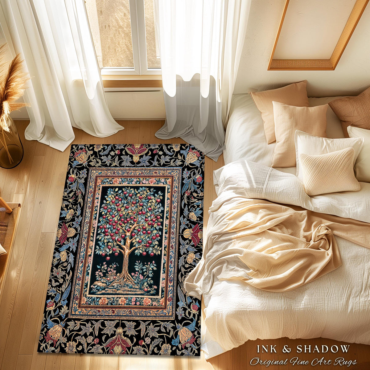 Medieval Cherry Tree of Life Area Rug | Baroque Botanical Pattern Romantic Gothic Style Vintage Garden Fruit Accent Maximalist Home Decor