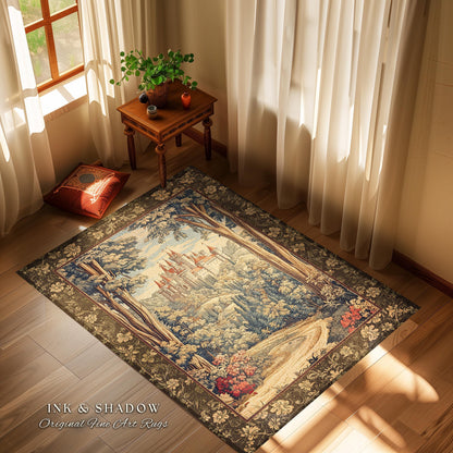 Book Nook Fairytale Castle Area Rug | Woodland Fairycore Bohemian Rug Folklore Aesthetic Magical Landscape Forestcore Bedroom Dark Academia