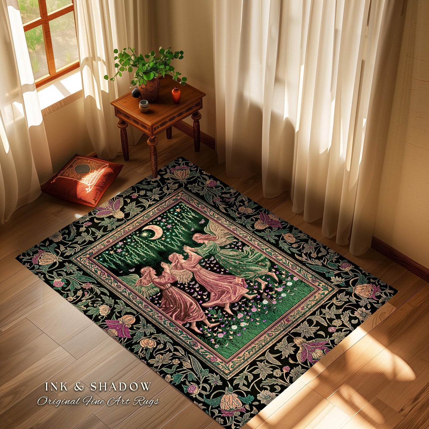 Moonlit Forest Nymph Area Rug | Medieval Elegance Woodland Fairycore Dark Academia Bedroom Accent Midsummer Aesthetic Scandi Folklore Style