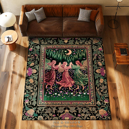 Moonlit Forest Nymph Area Rug | Medieval Elegance Woodland Fairycore Dark Academia Bedroom Accent Midsummer Aesthetic Scandi Folklore Style