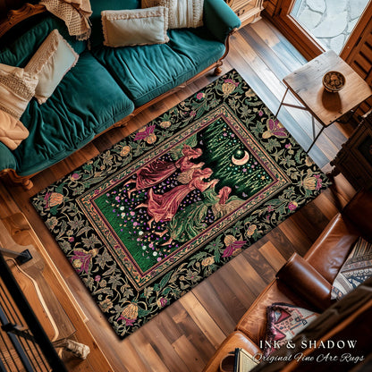 Moonlit Forest Nymph Area Rug | Medieval Elegance Woodland Fairycore Dark Academia Bedroom Accent Midsummer Aesthetic Scandi Folklore Style
