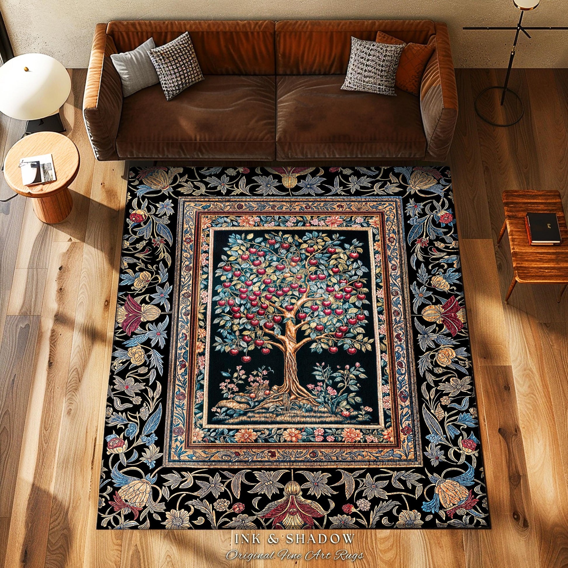 Medieval Cherry Tree of Life Area Rug | Baroque Botanical Pattern Romantic Gothic Style Vintage Garden Fruit Accent Maximalist Home Decor
