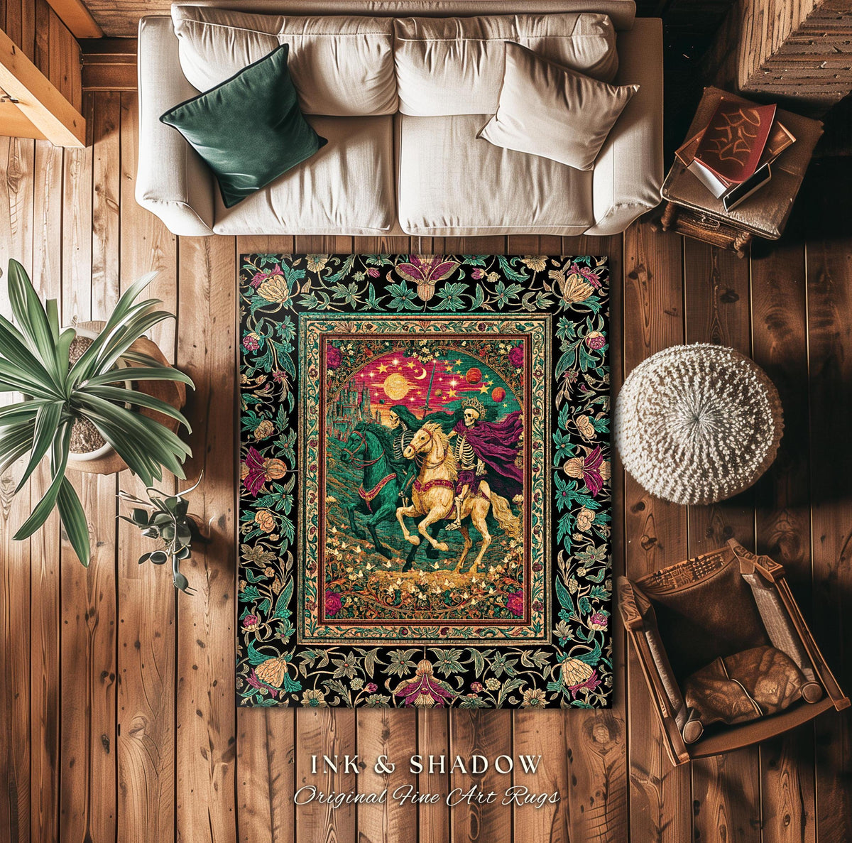 Magic Whimsical Skeleton Horsemen Rug | Gothic Celestial Landscape Castlecore Royal Couple Fantasy Baroque Bedroom Accent Rug Macabre Dreamy