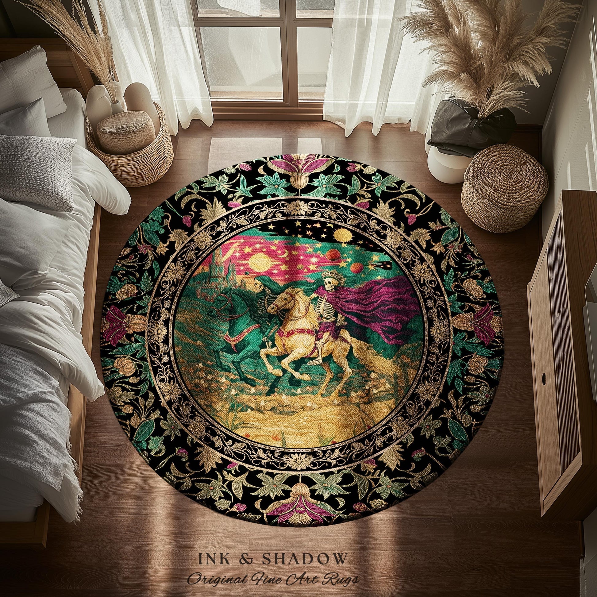 Magic Whimsical Skeleton Horsemen Rug | Gothic Celestial Landscape Castlecore Royal Couple Fantasy Baroque Bedroom Accent Rug Macabre Dreamy