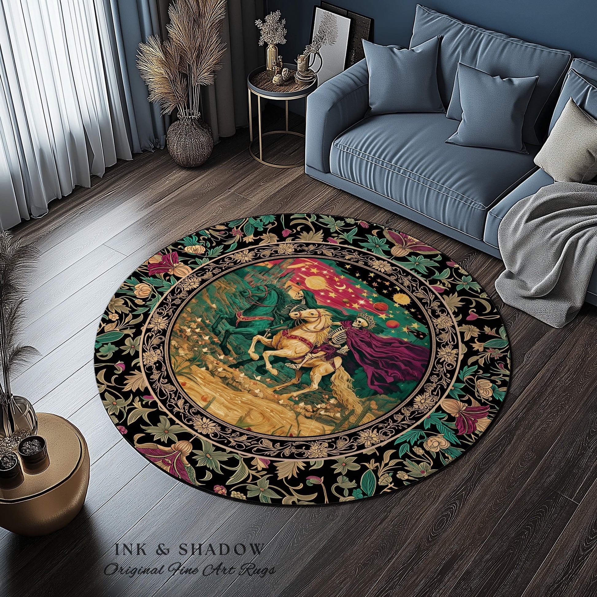 Magic Whimsical Skeleton Horsemen Rug | Gothic Celestial Landscape Castlecore Royal Couple Fantasy Baroque Bedroom Accent Rug Macabre Dreamy