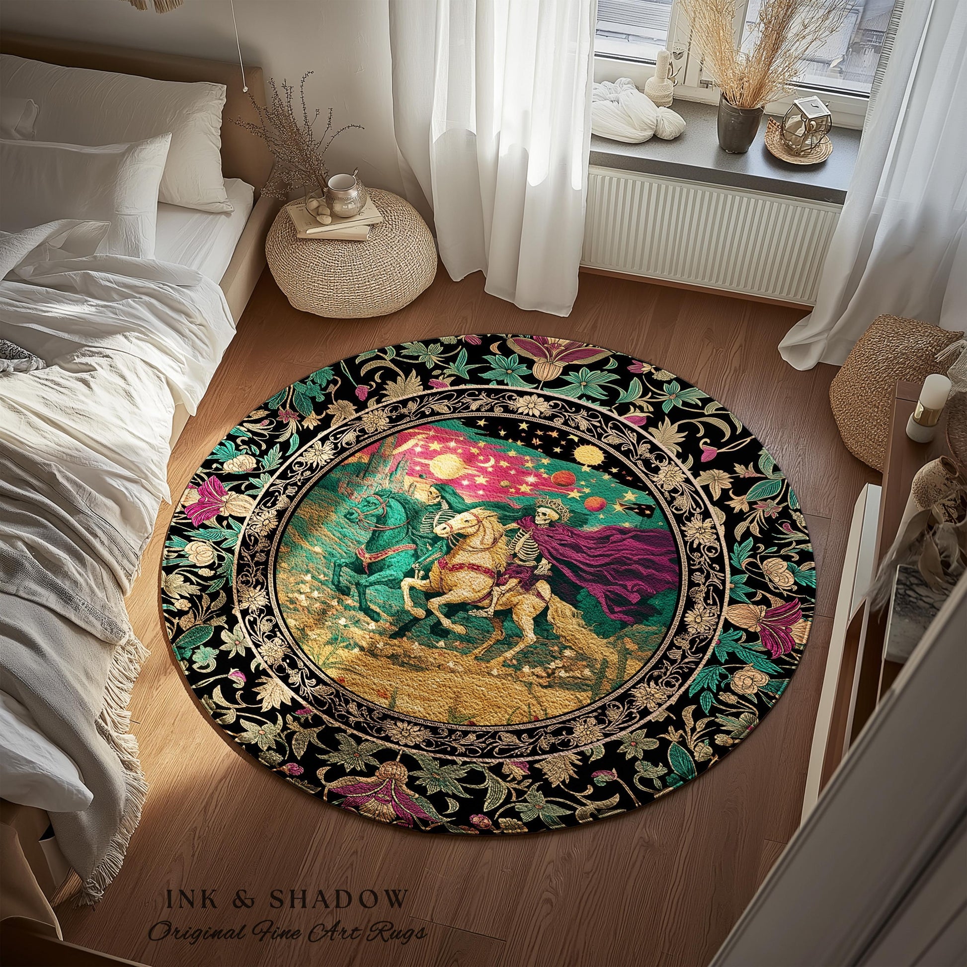Magic Whimsical Skeleton Horsemen Rug | Gothic Celestial Landscape Castlecore Royal Couple Fantasy Baroque Bedroom Accent Rug Macabre Dreamy