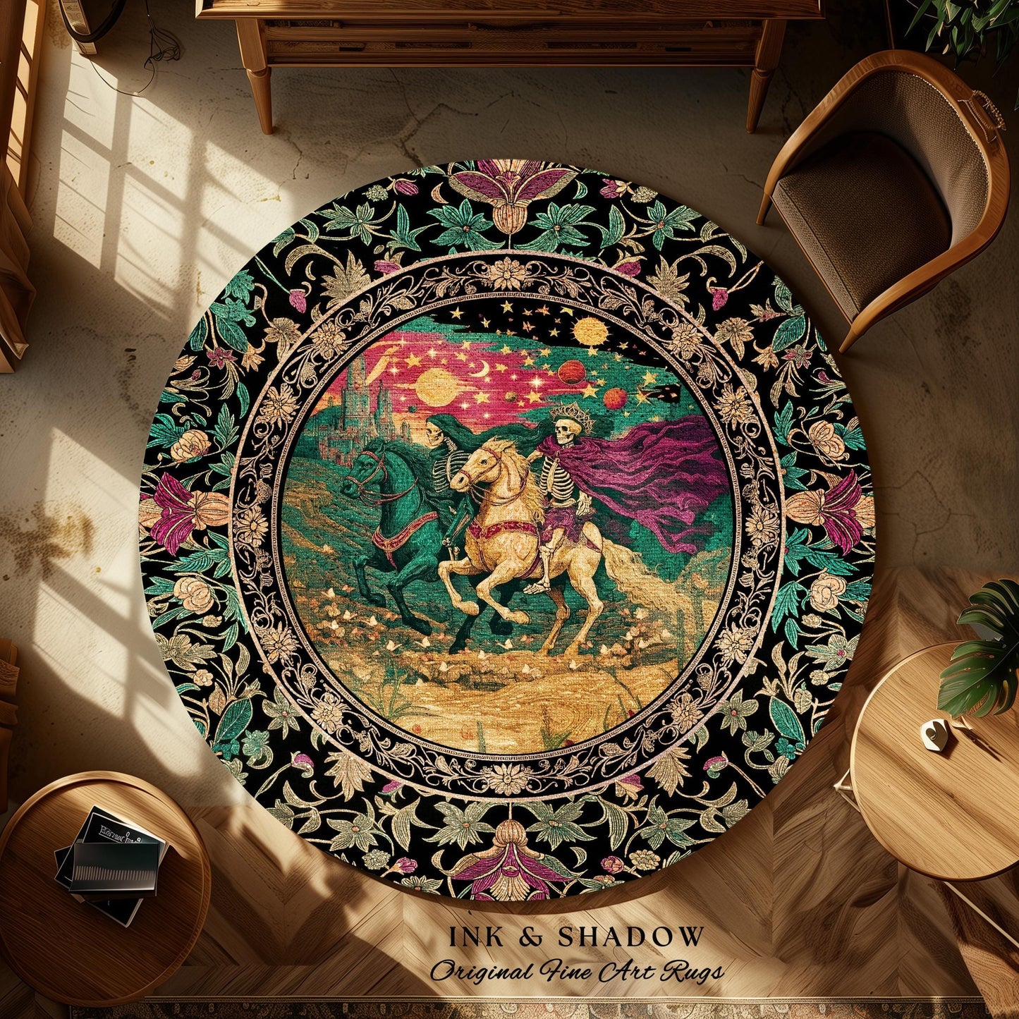 Magic Whimsical Skeleton Horsemen Rug | Gothic Celestial Landscape Castlecore Royal Couple Fantasy Baroque Bedroom Accent Rug Macabre Dreamy