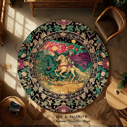 Magic Whimsical Skeleton Horsemen Rug | Gothic Celestial Landscape Castlecore Royal Couple Fantasy Baroque Bedroom Accent Rug Macabre Dreamy