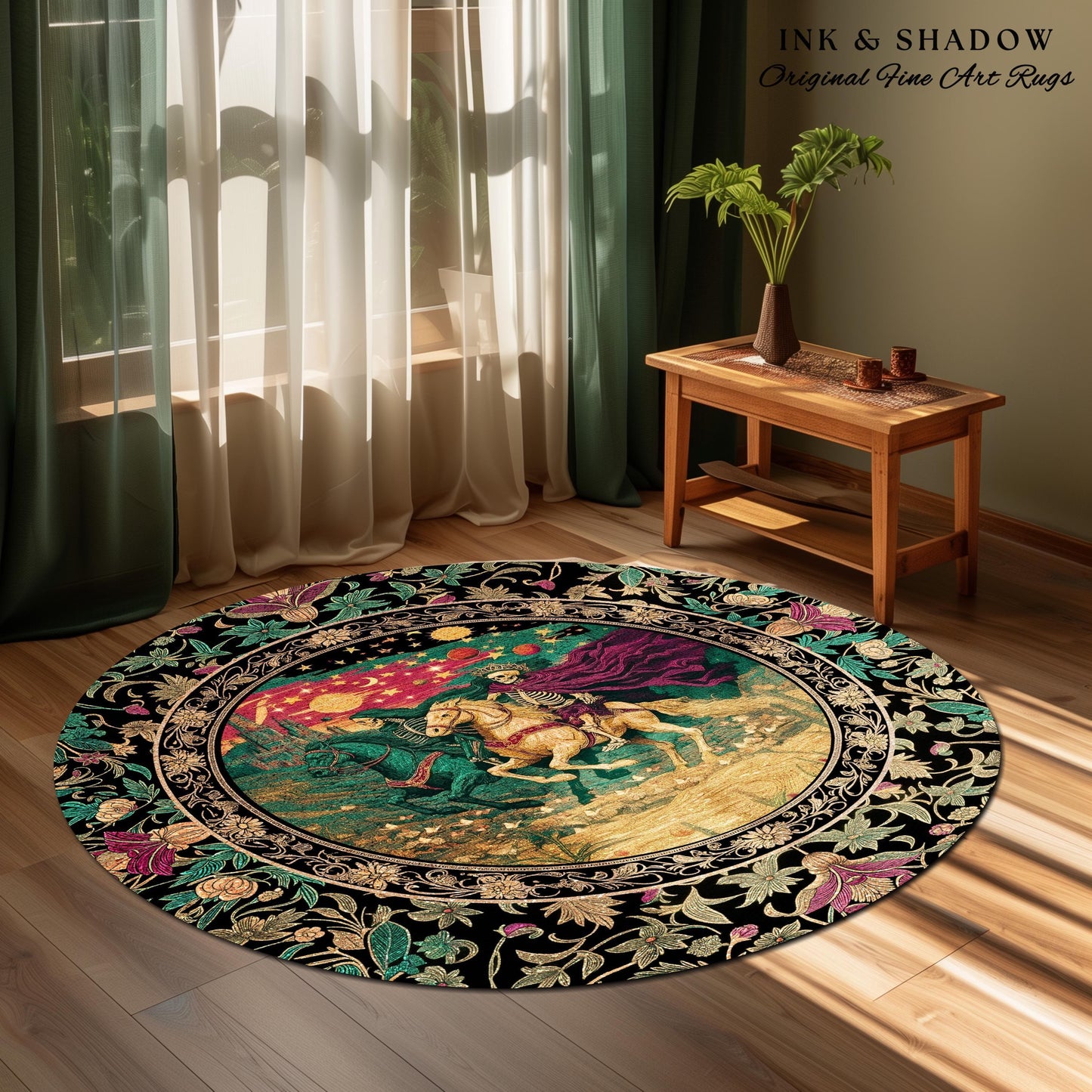 Magic Whimsical Skeleton Horsemen Rug | Gothic Celestial Landscape Castlecore Royal Couple Fantasy Baroque Bedroom Accent Rug Macabre Dreamy