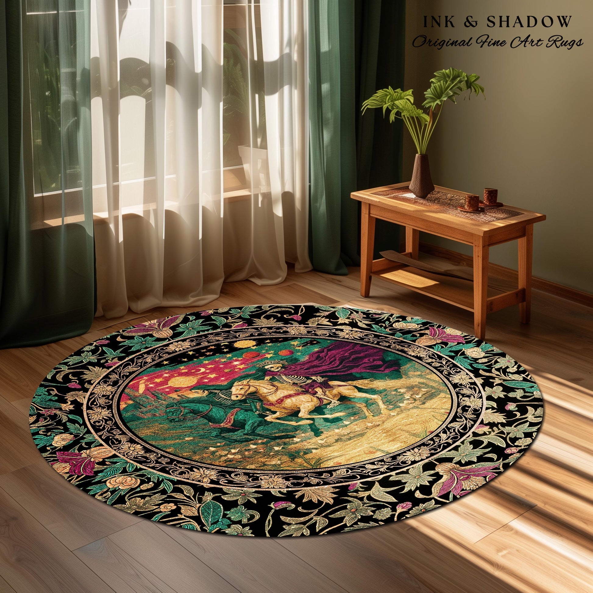 Magic Whimsical Skeleton Horsemen Rug | Gothic Celestial Landscape Castlecore Royal Couple Fantasy Baroque Bedroom Accent Rug Macabre Dreamy