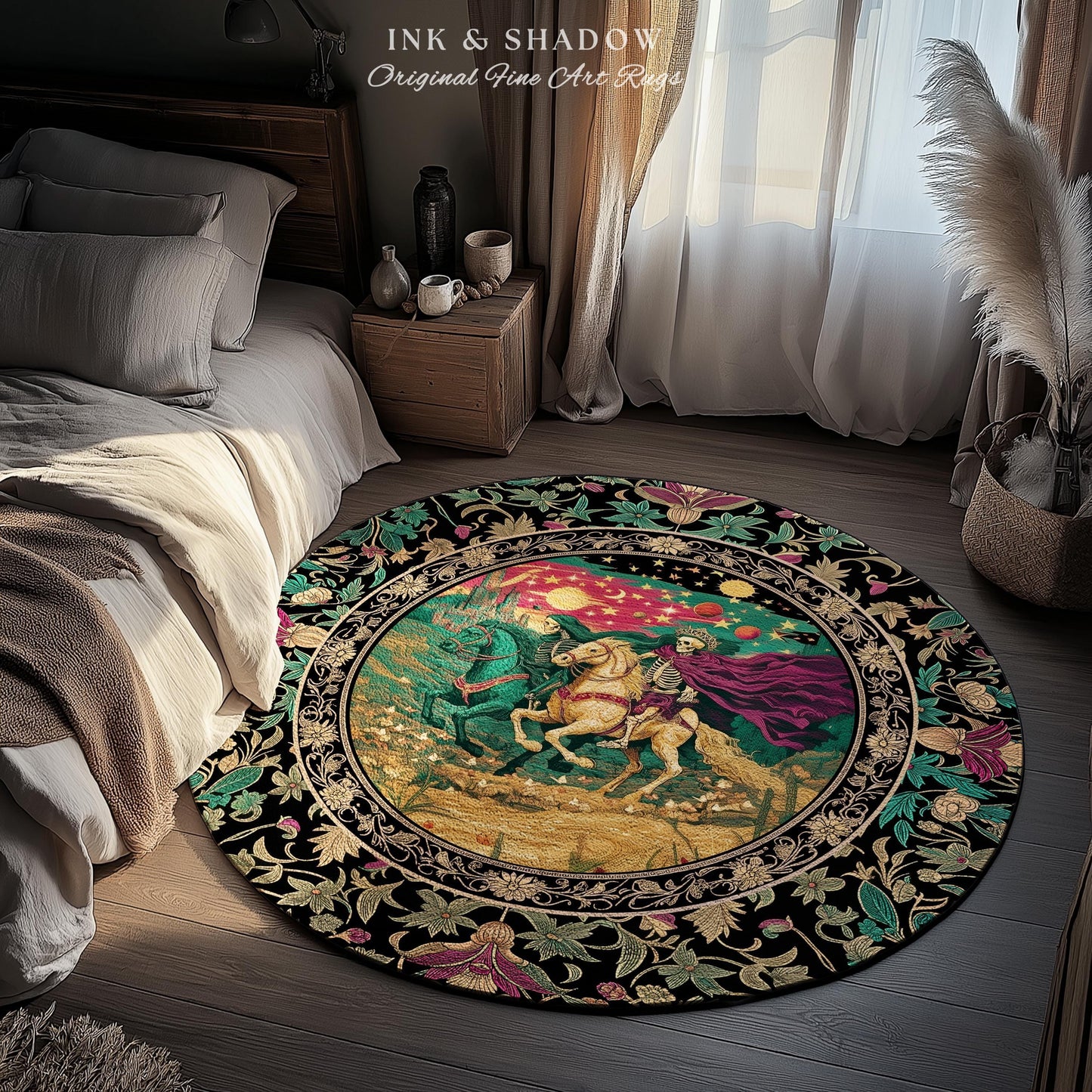 Magic Whimsical Skeleton Horsemen Rug | Gothic Celestial Landscape Castlecore Royal Couple Fantasy Baroque Bedroom Accent Rug Macabre Dreamy