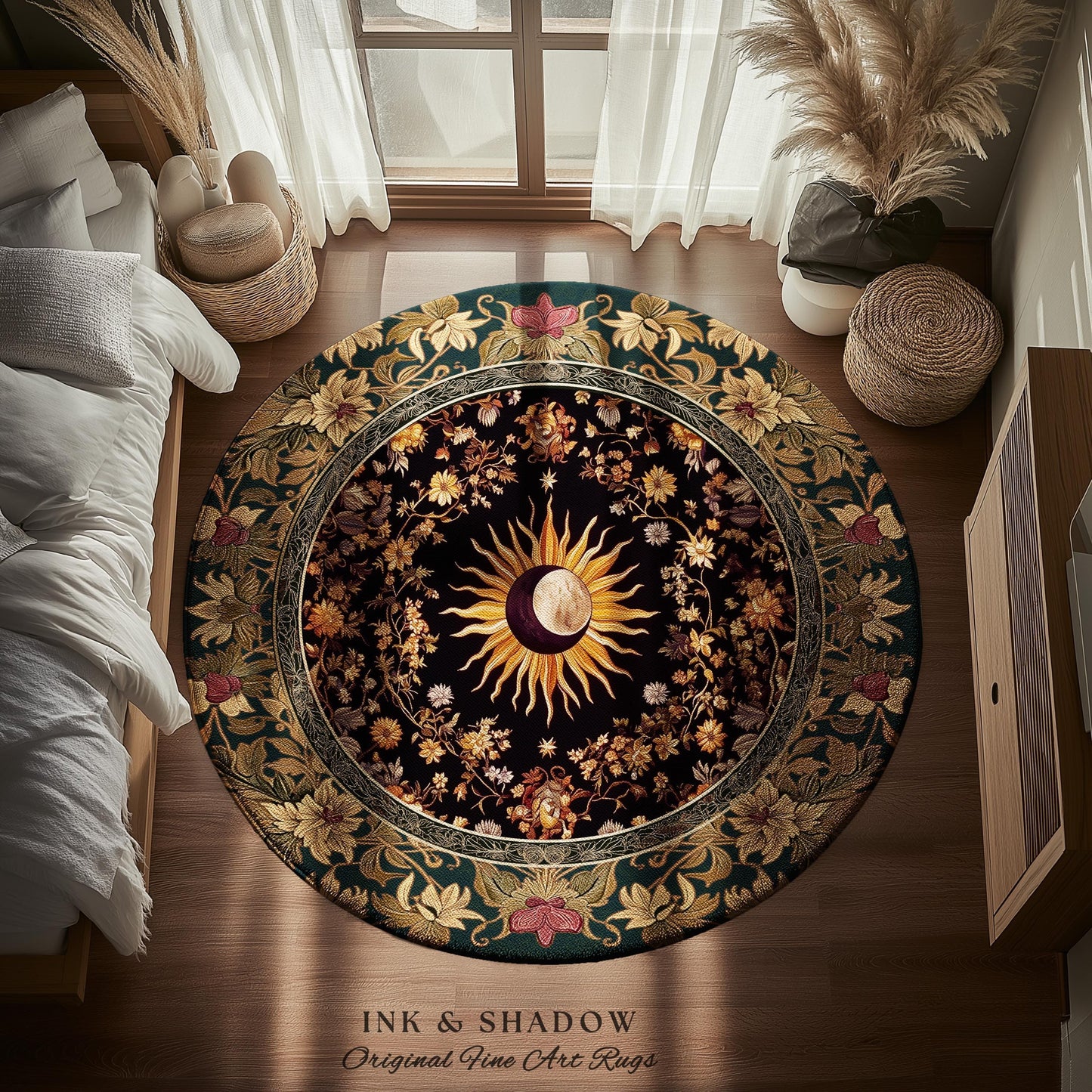 Cosmic Elegance Celestial Area Rug | Dark Cottagecore Moon and Sun Ethereal Divine Aesthetic Witchy Bohemian Eclectic Spiritual Bedroom Rug