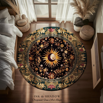 Cosmic Elegance Celestial Area Rug | Dark Cottagecore Moon and Sun Ethereal Divine Aesthetic Witchy Bohemian Eclectic Spiritual Bedroom Rug