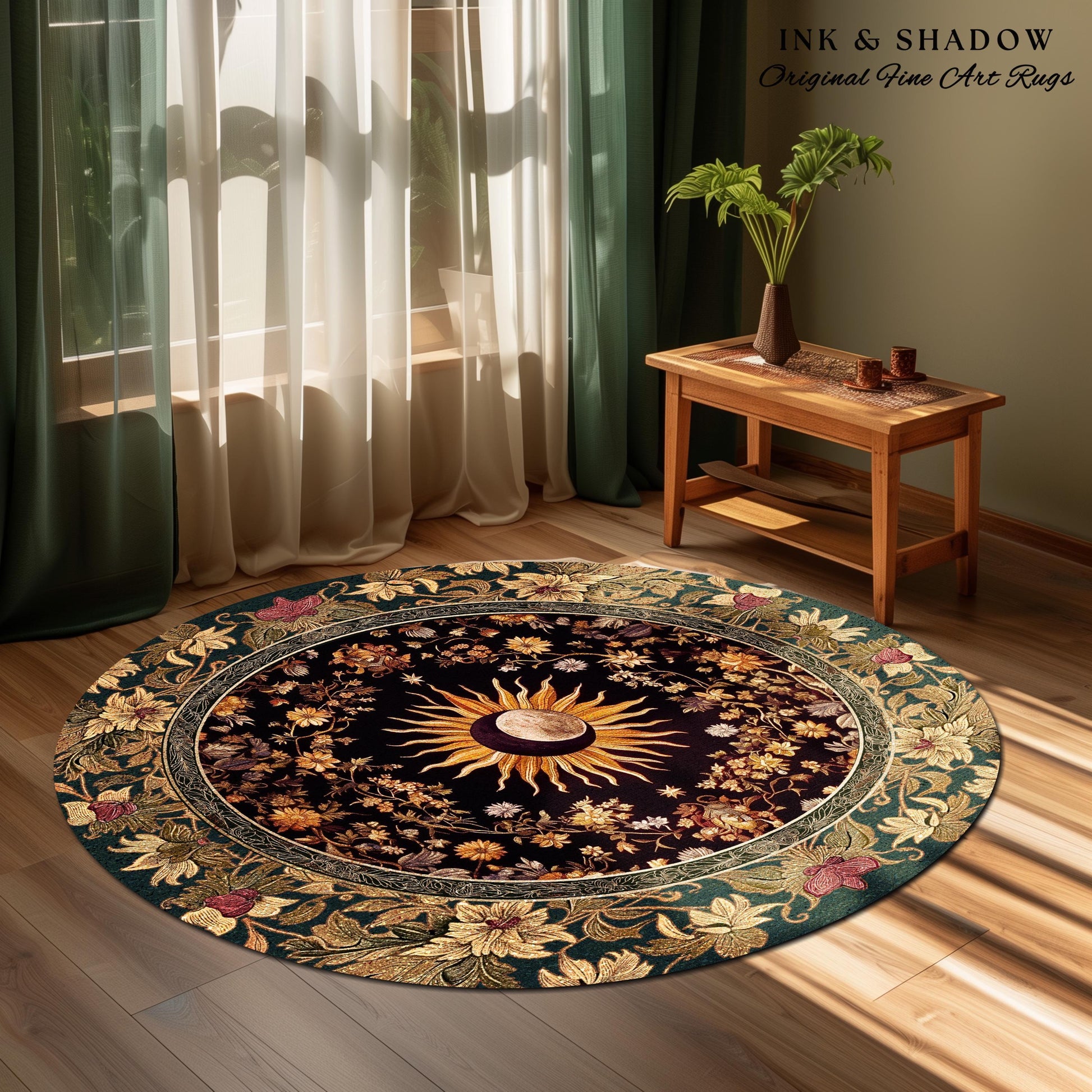 Cosmic Elegance Celestial Area Rug | Dark Cottagecore Moon and Sun Ethereal Divine Aesthetic Witchy Bohemian Eclectic Spiritual Bedroom Rug
