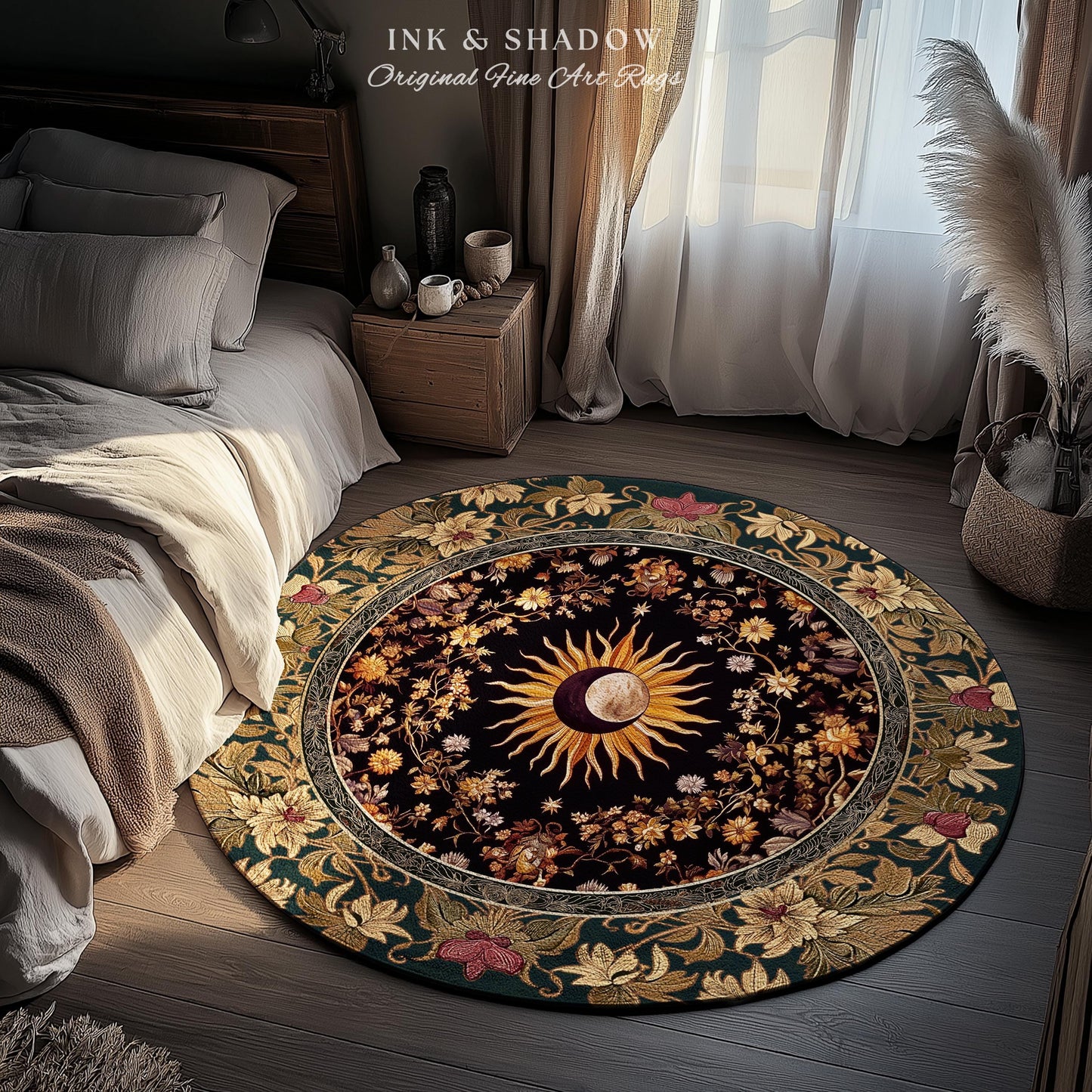 Cosmic Elegance Celestial Area Rug | Dark Cottagecore Moon and Sun Ethereal Divine Aesthetic Witchy Bohemian Eclectic Spiritual Bedroom Rug