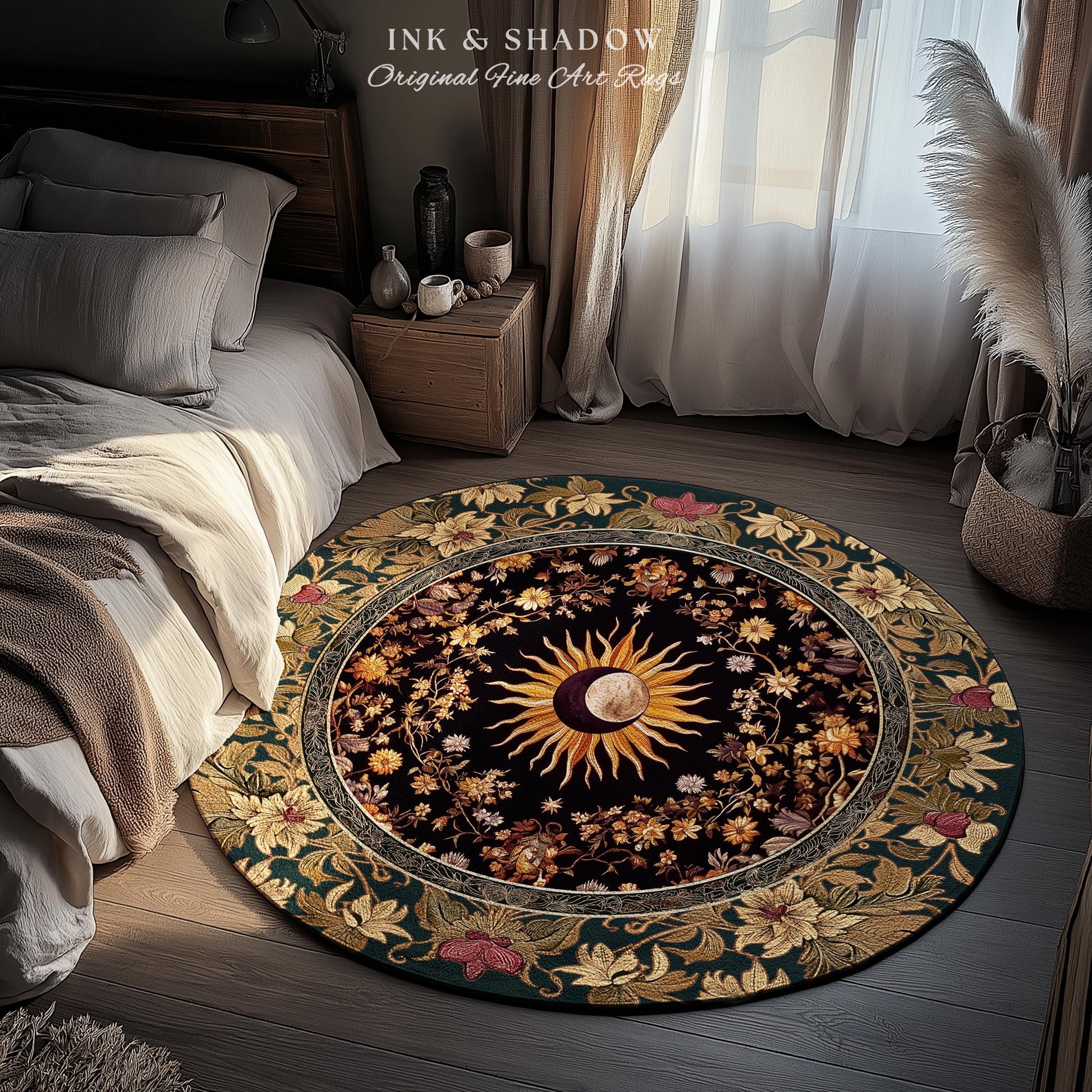 Cosmic Elegance Celestial Area Rug | Dark Cottagecore Moon and Sun Ethereal Divine Aesthetic Witchy Bohemian Eclectic Spiritual Bedroom Rug