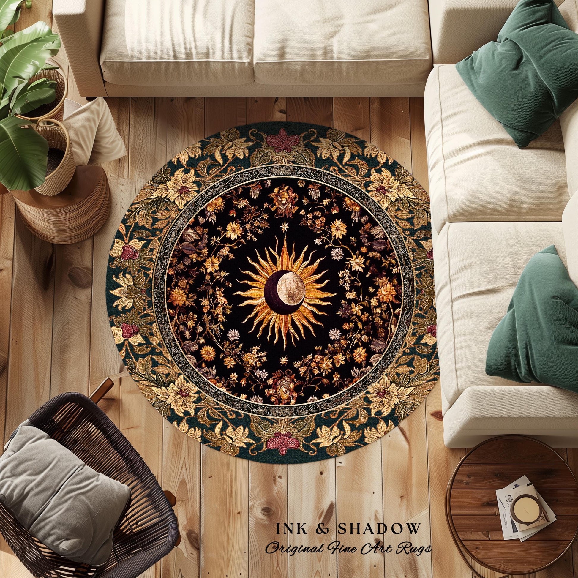 Cosmic Elegance Celestial Area Rug | Dark Cottagecore Moon and Sun Ethereal Divine Aesthetic Witchy Bohemian Eclectic Spiritual Bedroom Rug