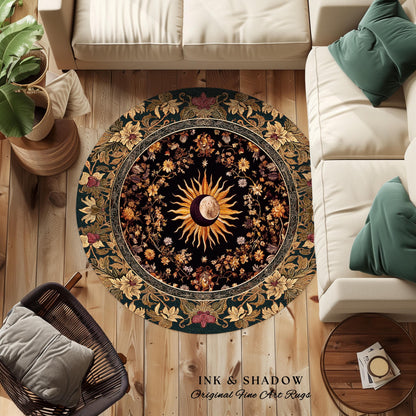 Cosmic Elegance Celestial Area Rug | Dark Cottagecore Moon and Sun Ethereal Divine Aesthetic Witchy Bohemian Eclectic Spiritual Bedroom Rug