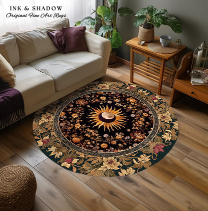 Cosmic Elegance Celestial Area Rug | Dark Cottagecore Moon and Sun Ethereal Divine Aesthetic Witchy Bohemian Eclectic Spiritual Bedroom Rug