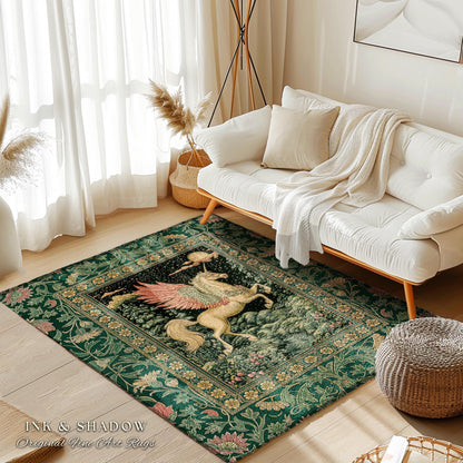 Verdant Landscape Celestial Unicorn Rug | Fairytale Forest Decor Castlecore Maximalist Romantic Baroque Pegasus Fantasy Accent Goth Bedroom