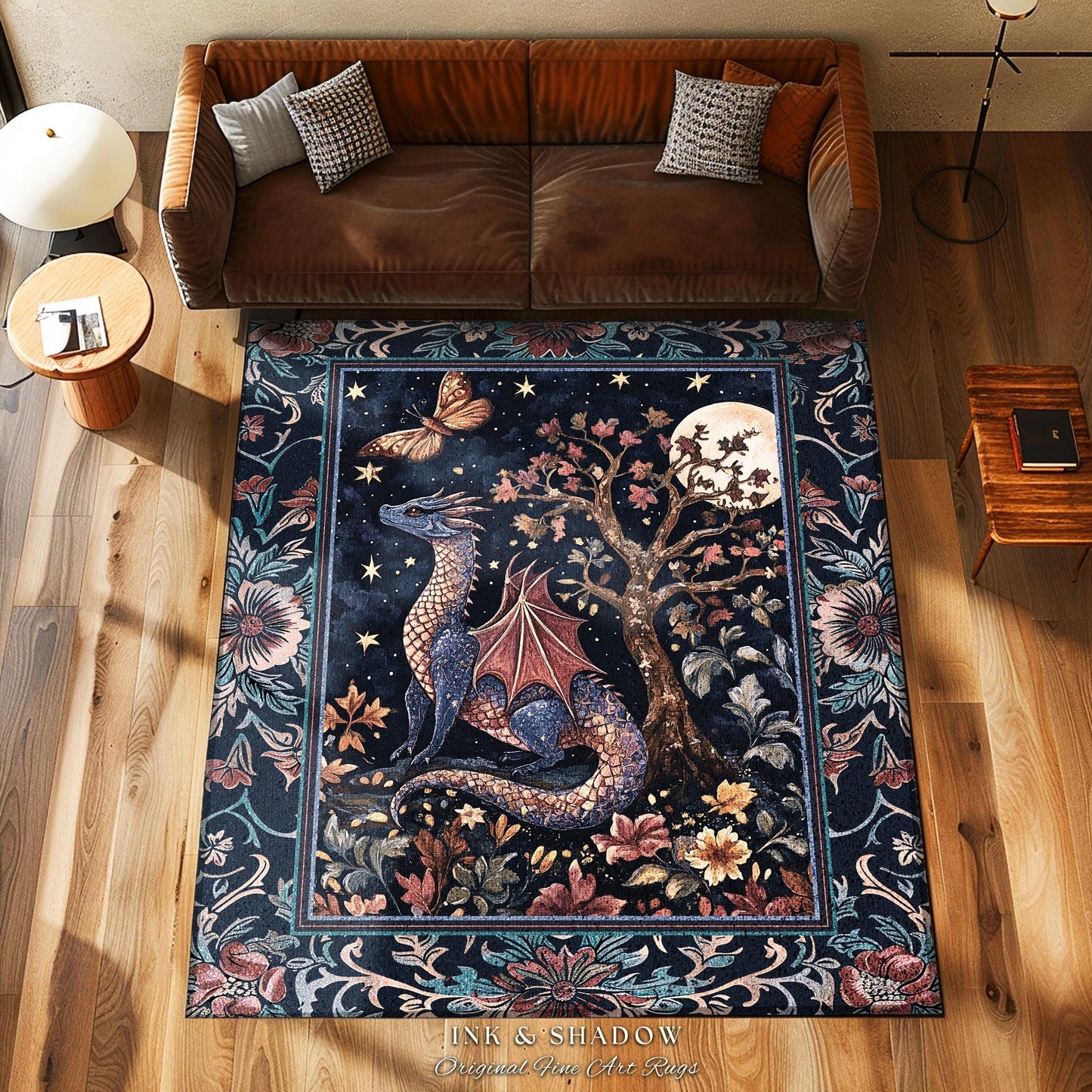 Enchanted Woodland Dragon Rug Mystical Night Sky Decor | Moonlit Forest Whimsigothic Area Rug Celestial Dark Academia Fantasy Home Accent |