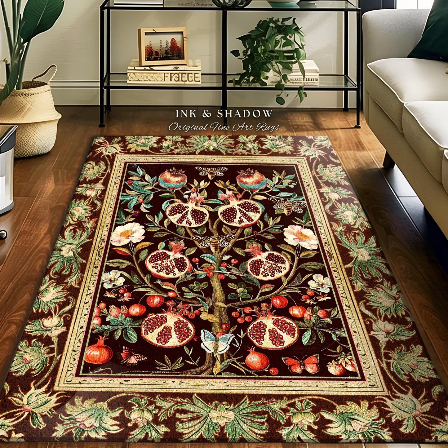 Antique Aesthetic Pomegranate Art Rug Enchanted Garden Cottagecore Decor | Gothic Woodland Whimsy Floral Butterfly Moth Vintage Fairycore