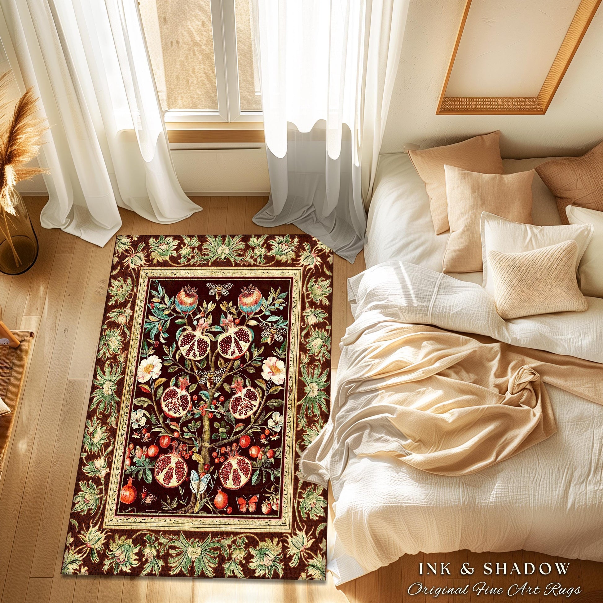 Antique Aesthetic Pomegranate Art Rug Enchanted Garden Cottagecore Decor | Gothic Woodland Whimsy Floral Butterfly Moth Vintage Fairycore