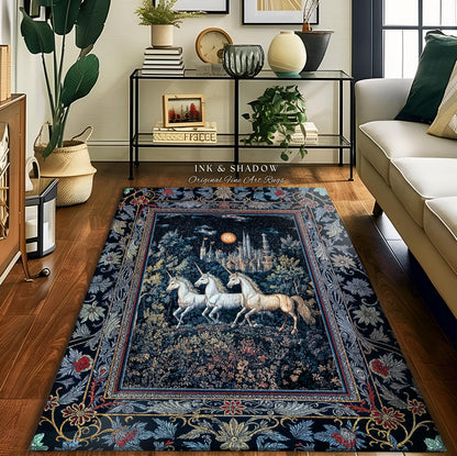 May include: A black and gold tapestry rug with a dark blue center featuring a scene of three white unicorns running through a forest with a castle in the background. The rug has a floral border with intricate details.