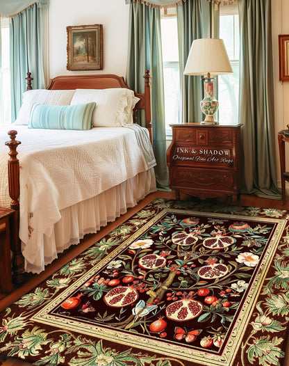 Antique Aesthetic Pomegranate Art Rug Enchanted Garden Cottagecore Decor | Gothic Woodland Whimsy Floral Butterfly Moth Vintage Fairycore