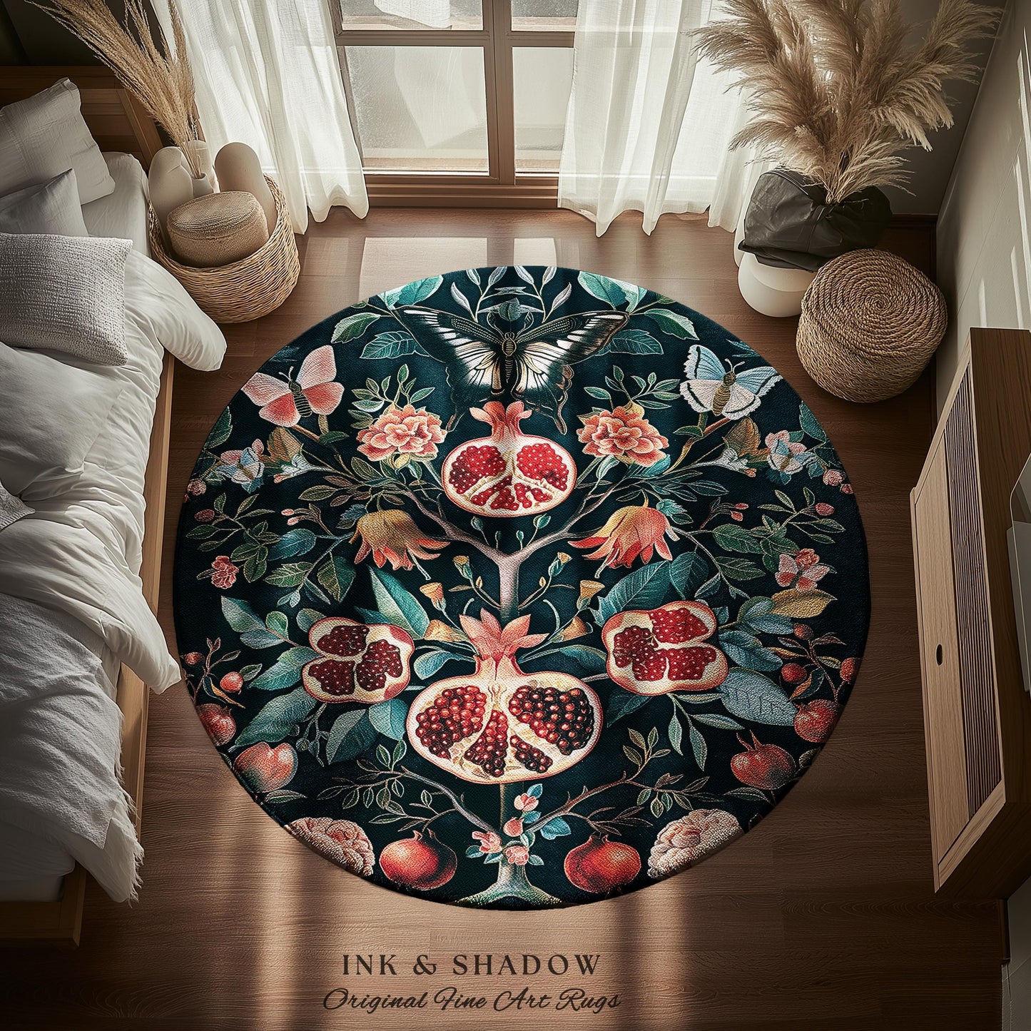 Vintage Pomegranate Floral Whimsigoth Rug Enchanted Botanical Butterfly Home Decor | Victorian Gothic Whimsical Woodland Forestcore Design