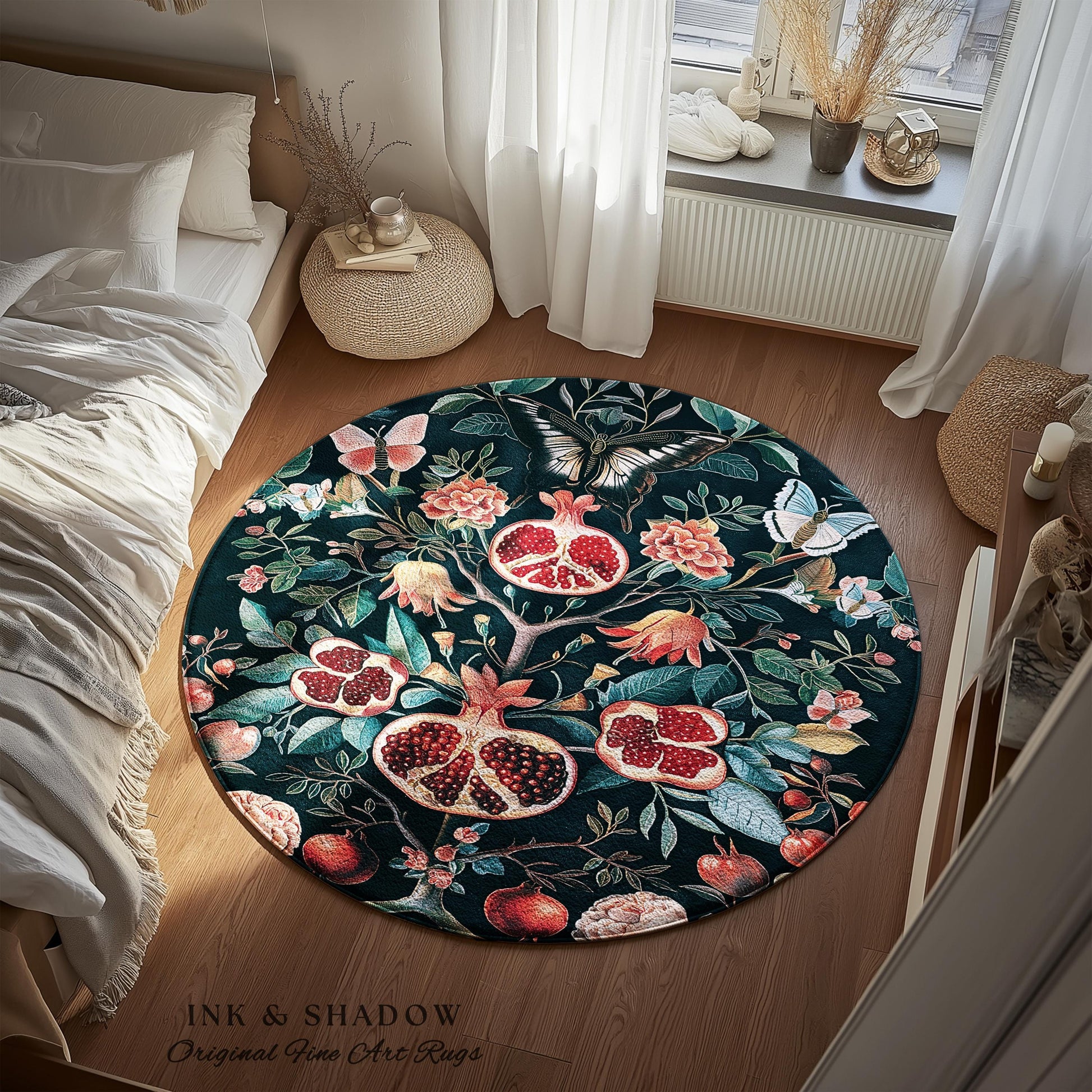 Vintage Pomegranate Floral Whimsigoth Rug Enchanted Botanical Butterfly Home Decor | Victorian Gothic Whimsical Woodland Forestcore Design