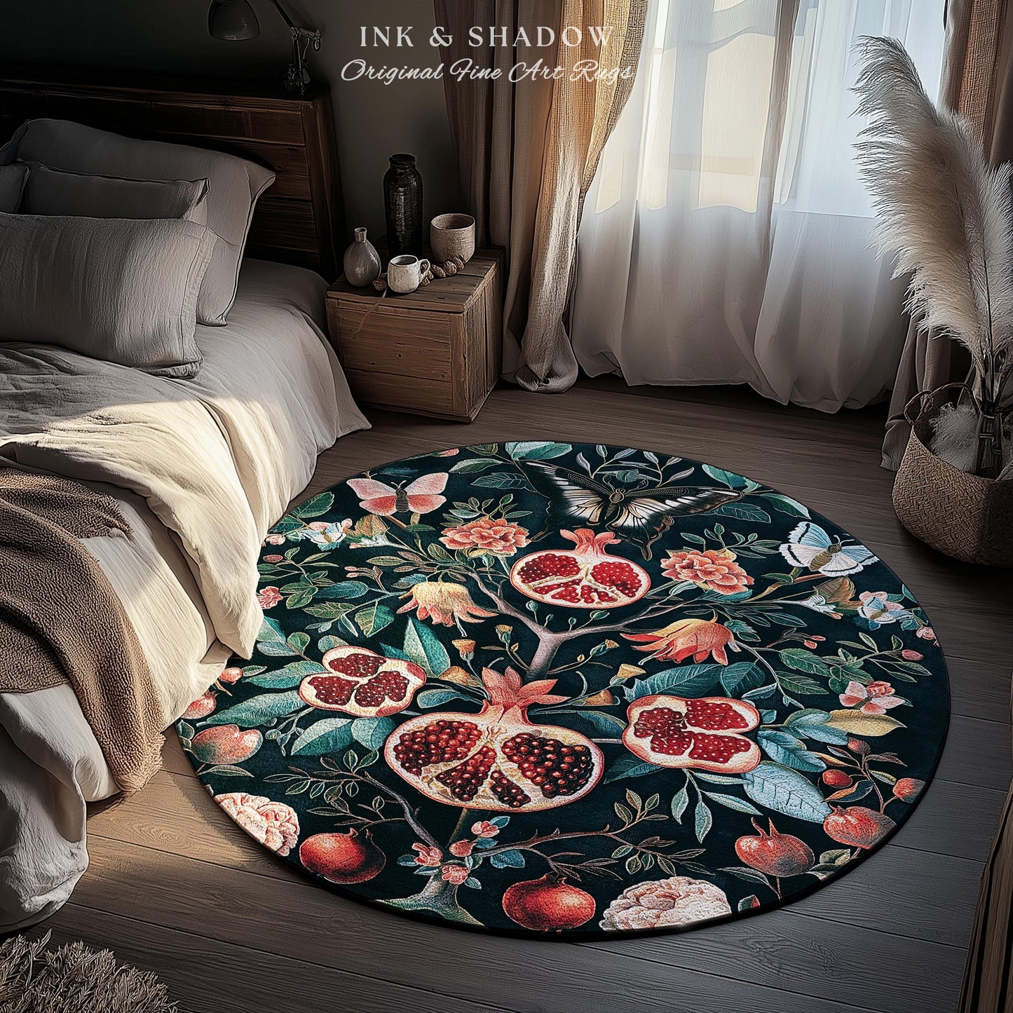 Vintage Pomegranate Floral Whimsigoth Rug Enchanted Botanical Butterfly Home Decor | Victorian Gothic Whimsical Woodland Forestcore Design