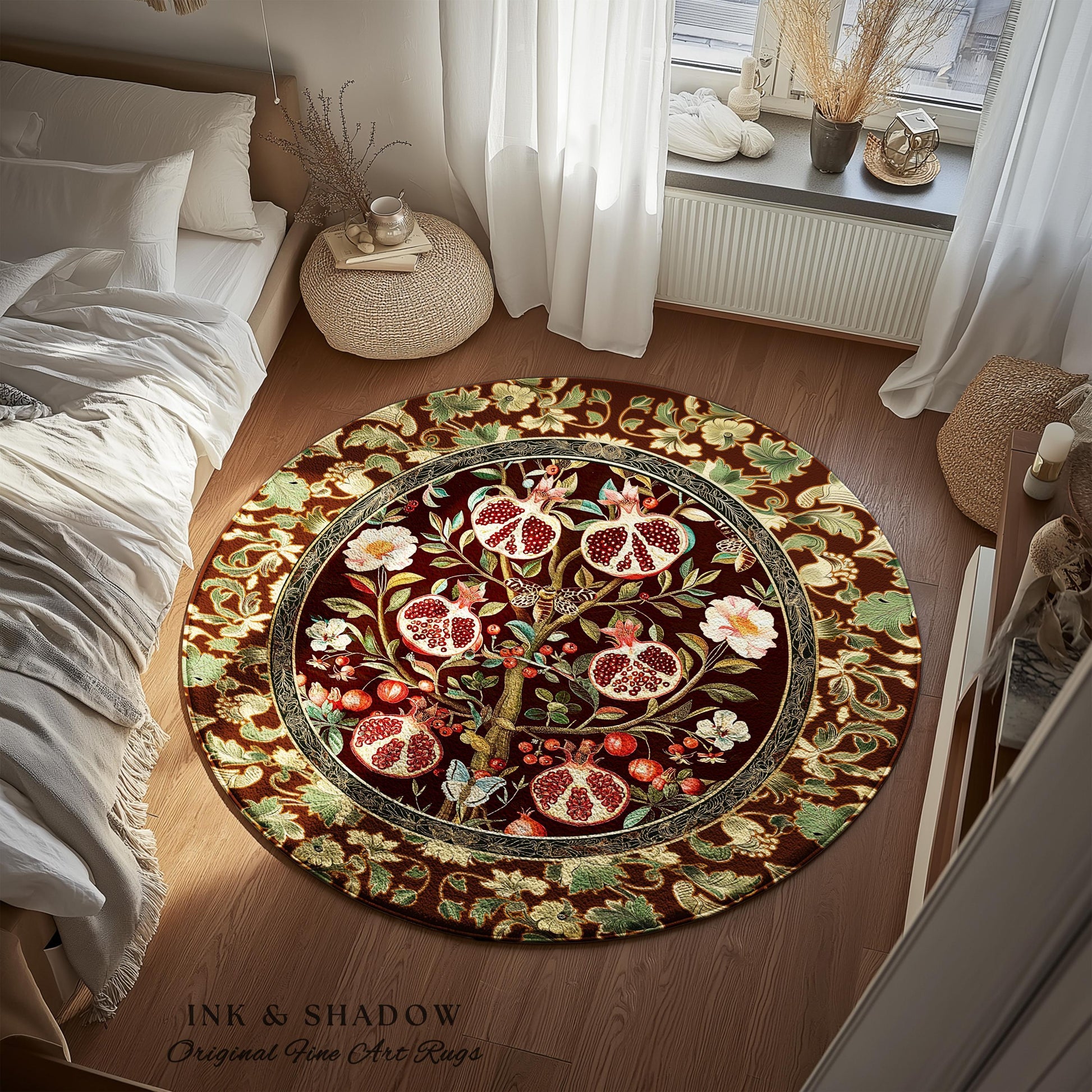 Antique Aesthetic Pomegranate Art Rug Enchanted Garden Cottagecore Decor | Gothic Woodland Whimsy Floral Butterfly Moth Vintage Fairycore