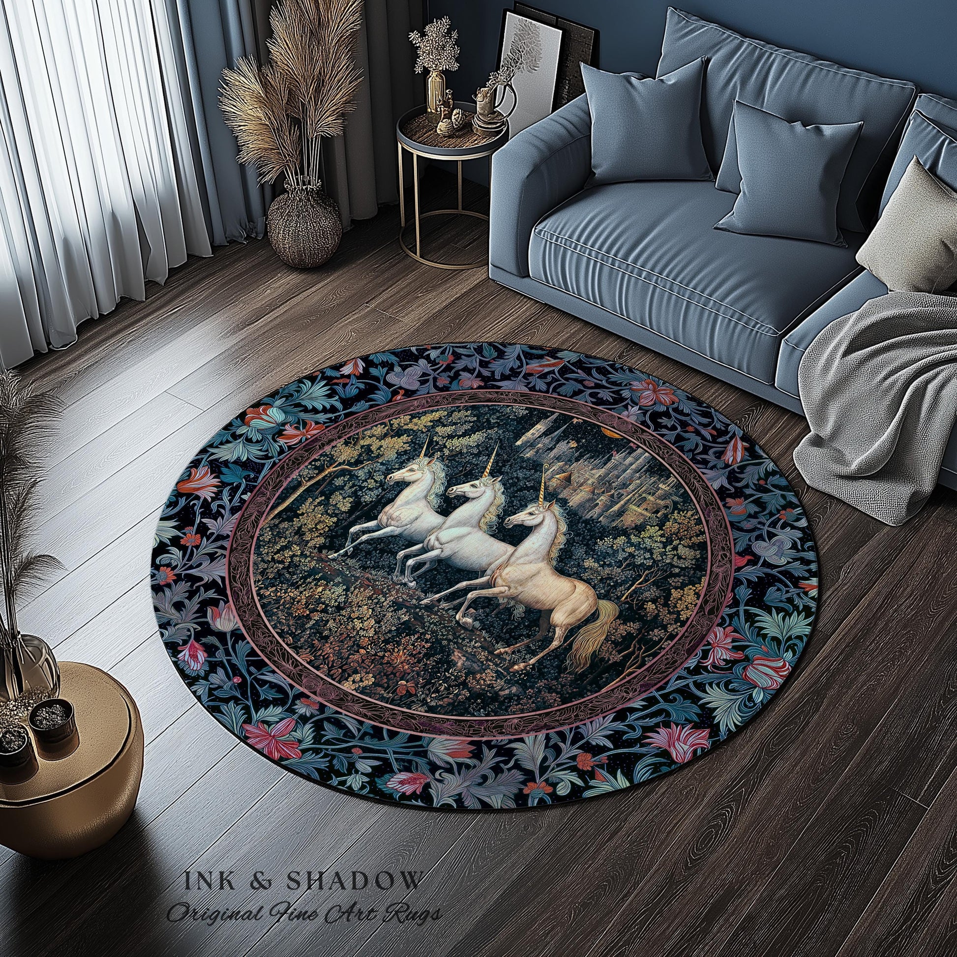 Witchy Dark Romantic Accent Rug | Medieval Folklore Decor Fairytale Inspired Cottagecore Whimsical Fantasy Unicorn Area Rug Gothic Whimsy |