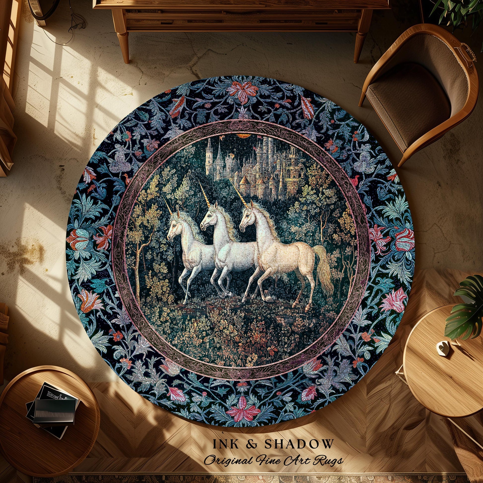 Witchy Dark Romantic Accent Rug | Medieval Folklore Decor Fairytale Inspired Cottagecore Whimsical Fantasy Unicorn Area Rug Gothic Whimsy |